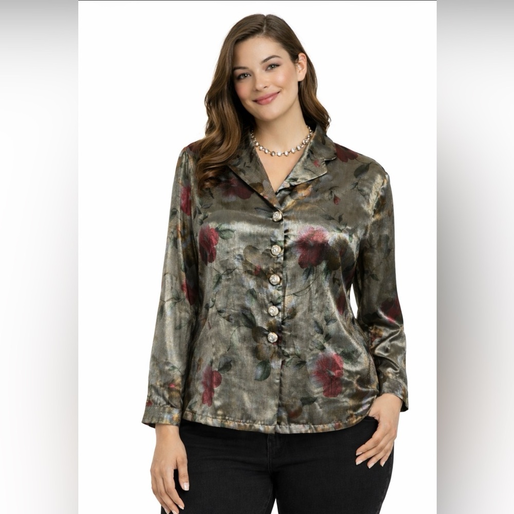 LAS & POLLA Blouse Sz *Large Silky Fabric Beautiful Buttons Long Sleeves Floral
